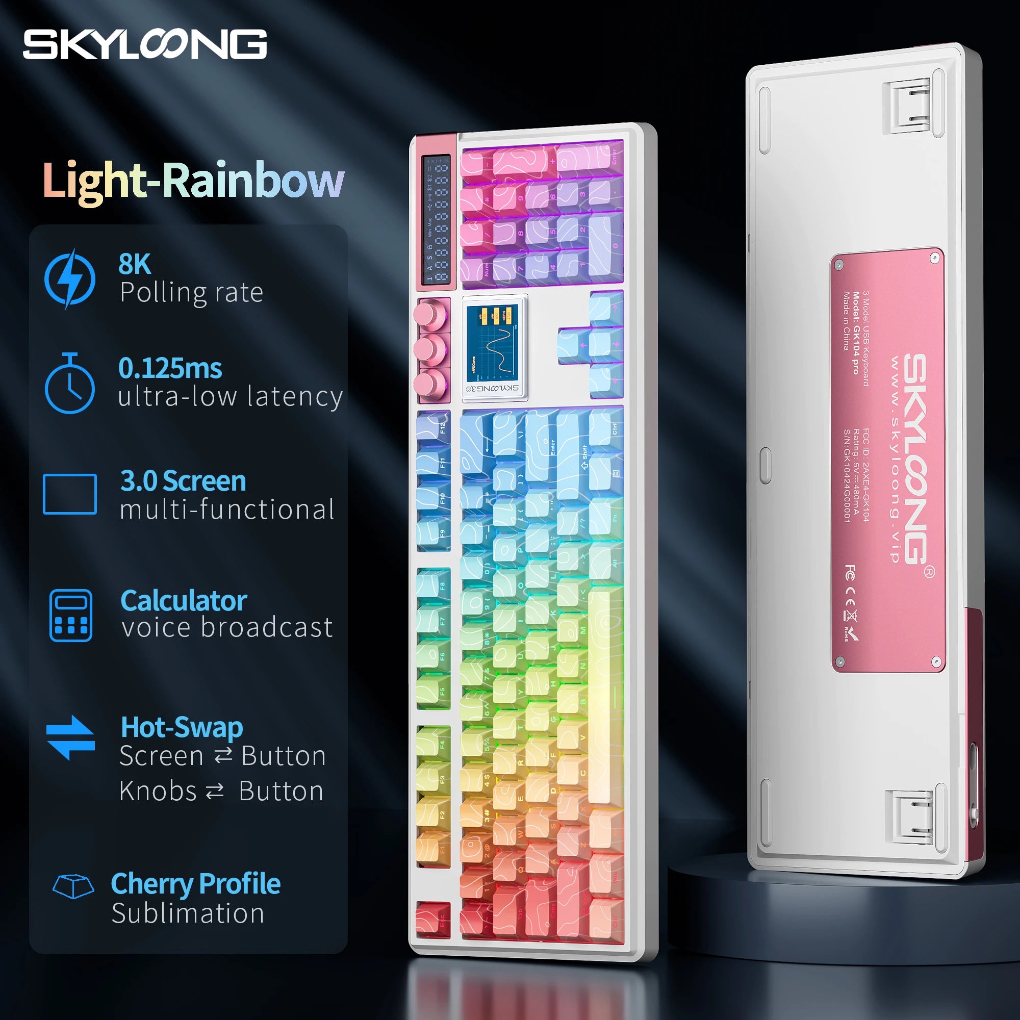 SKYLOONG GK104 Pro Full-Size 3-Mode Wireless Mechanical Keyboard with 3.0 Screen 3 Knobs Hot-Swappable Silent Switch PBT keycaps