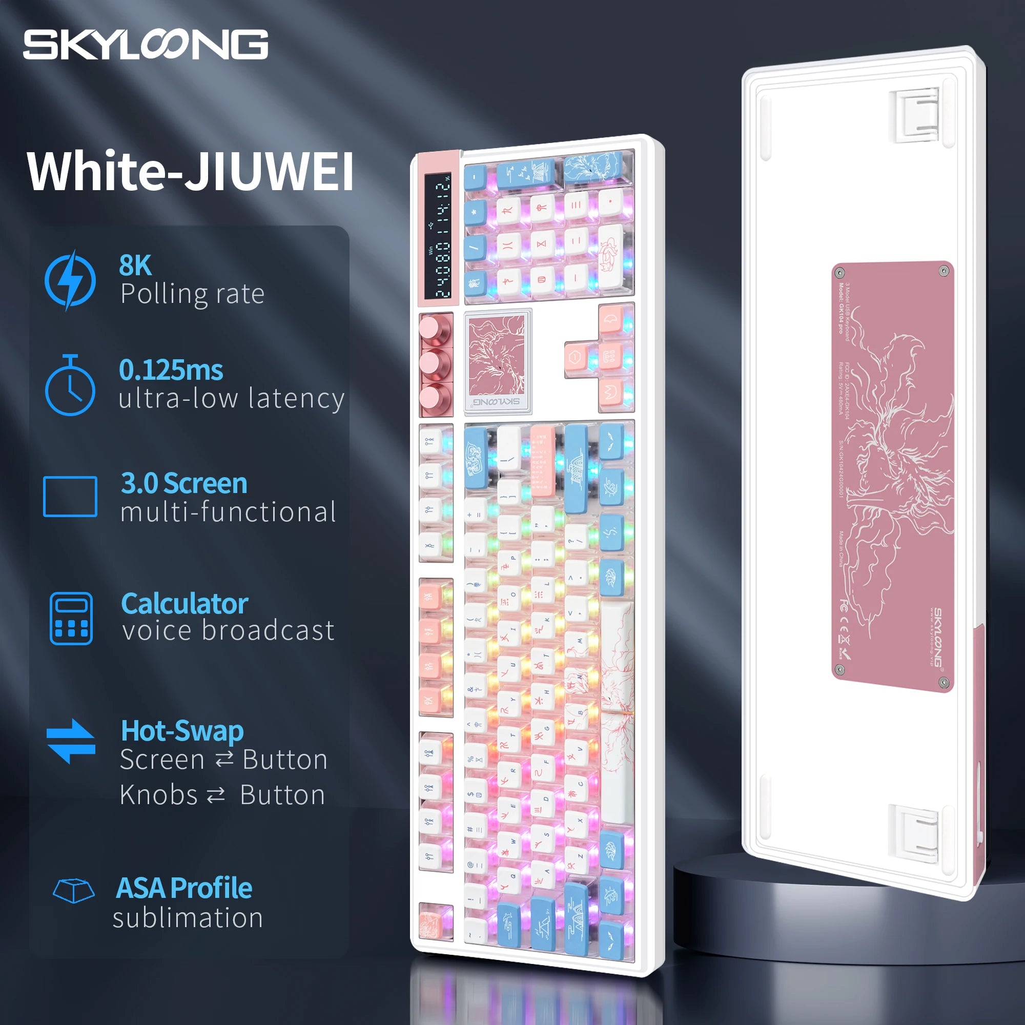SKYLOONG GK104 Pro Full-Size 3-Mode Wireless Mechanical Keyboard with 3.0 Screen 3 Knobs Hot-Swappable Silent Switch PBT keycaps