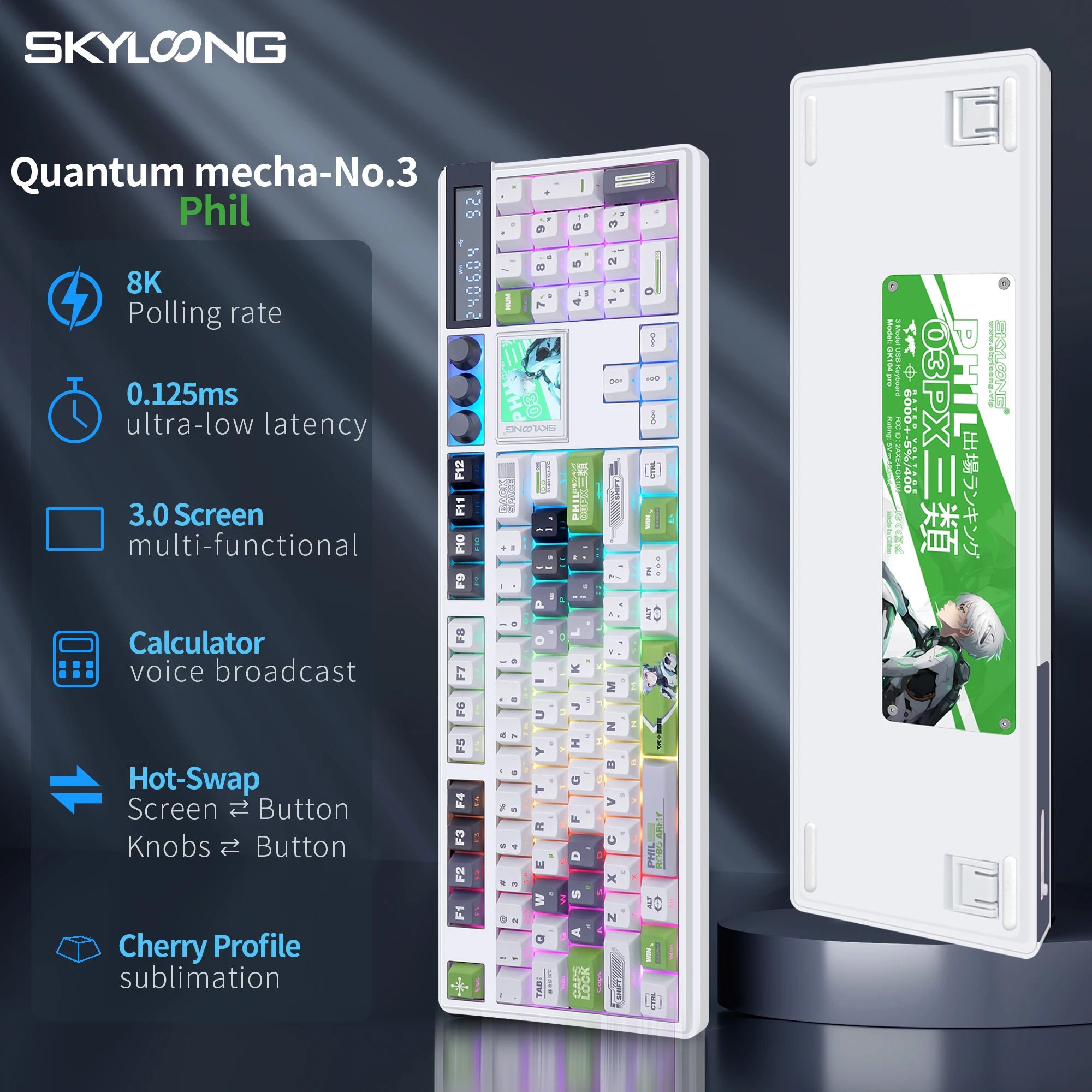 SKYLOONG GK104 Pro Full-Size 3-Mode Wireless Mechanical Keyboard with 3.0 Screen 3 Knobs Hot-Swappable Silent Switch PBT keycaps