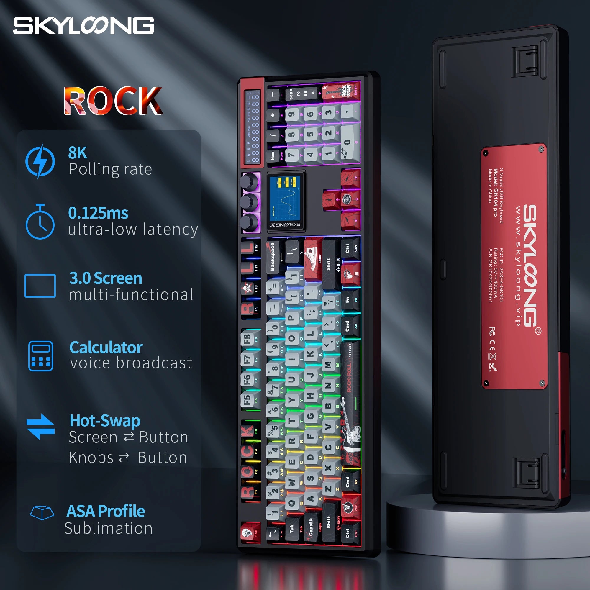 SKYLOONG GK104 Pro Full-Size 3-Mode Wireless Mechanical Keyboard with 3.0 Screen 3 Knobs Hot-Swappable Silent Switch PBT keycaps