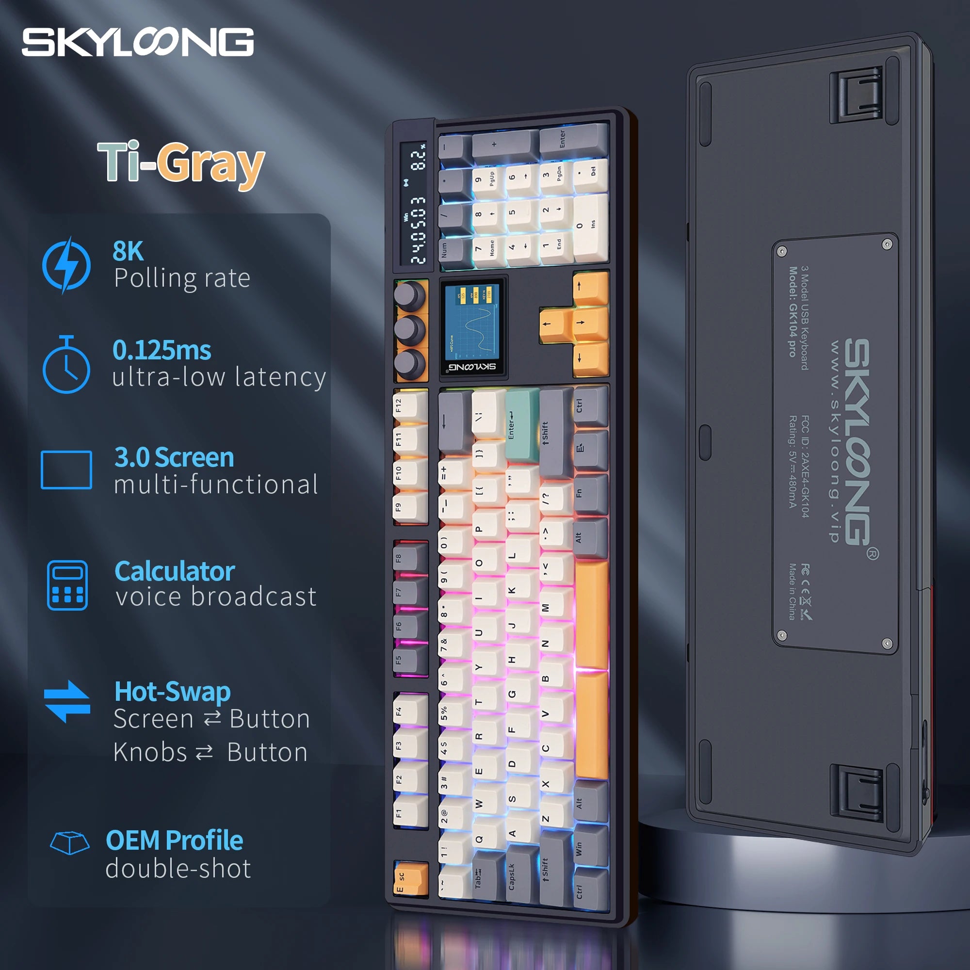SKYLOONG GK104 Pro Full-Size 3-Mode Wireless Mechanical Keyboard with 3.0 Screen 3 Knobs Hot-Swappable Silent Switch PBT keycaps