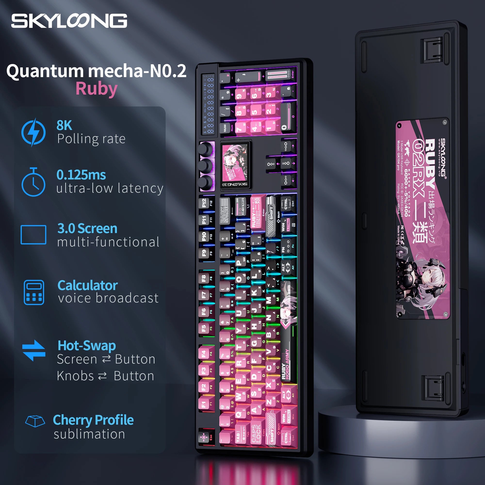 SKYLOONG GK104 Pro Full-Size 3-Mode Wireless Mechanical Keyboard with 3.0 Screen 3 Knobs Hot-Swappable Silent Switch PBT keycaps