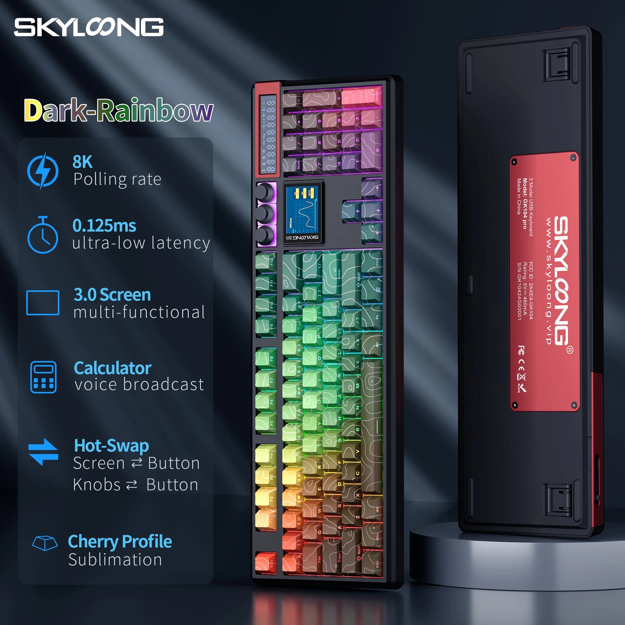 SKYLOONG GK104 Pro Full-Size 3-Mode Wireless Mechanical Keyboard with 3.0 Screen 3 Knobs Hot-Swappable Silent Switch PBT keycaps