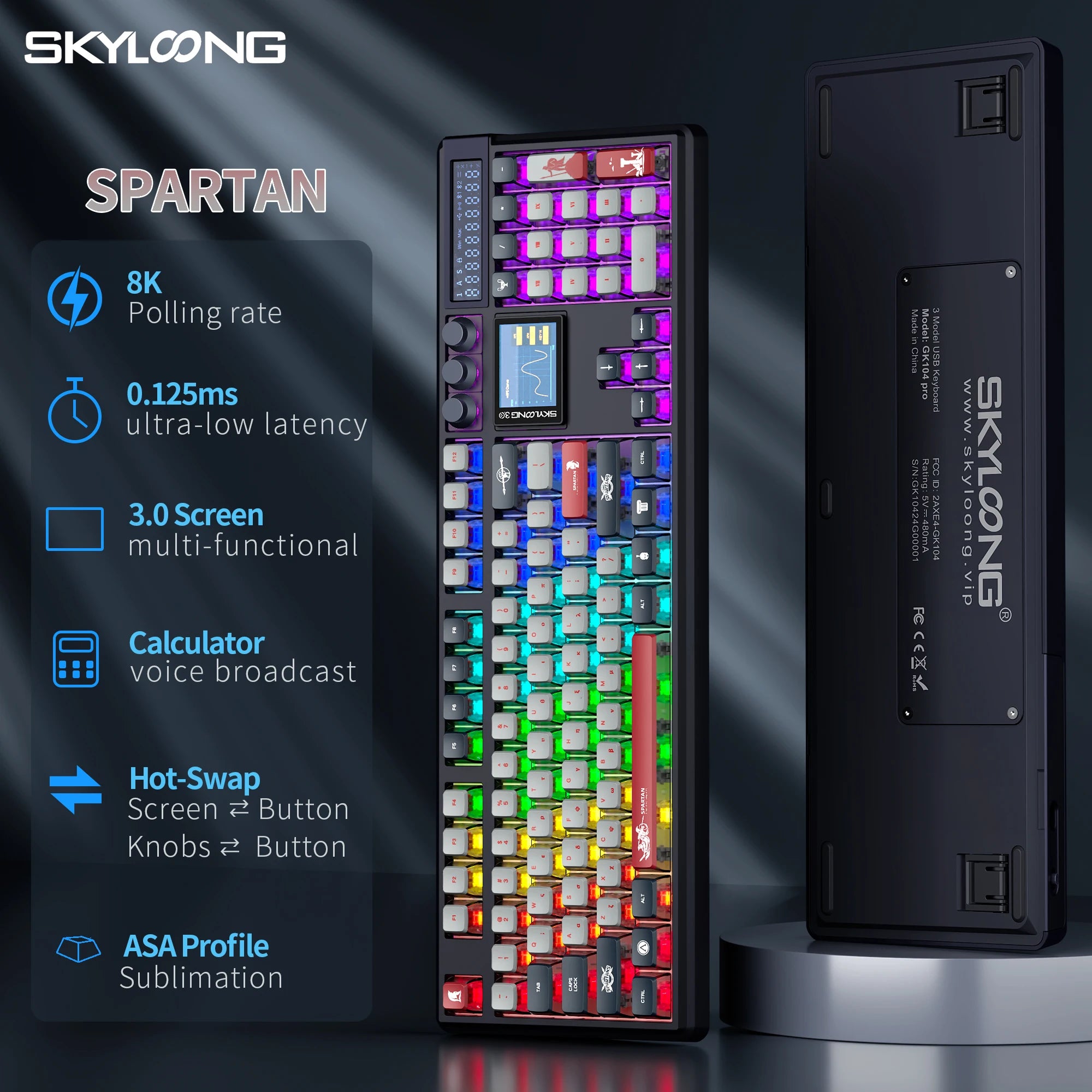 SKYLOONG GK104 Pro Full-Size 3-Mode Wireless Mechanical Keyboard with 3.0 Screen 3 Knobs Hot-Swappable Silent Switch PBT keycaps