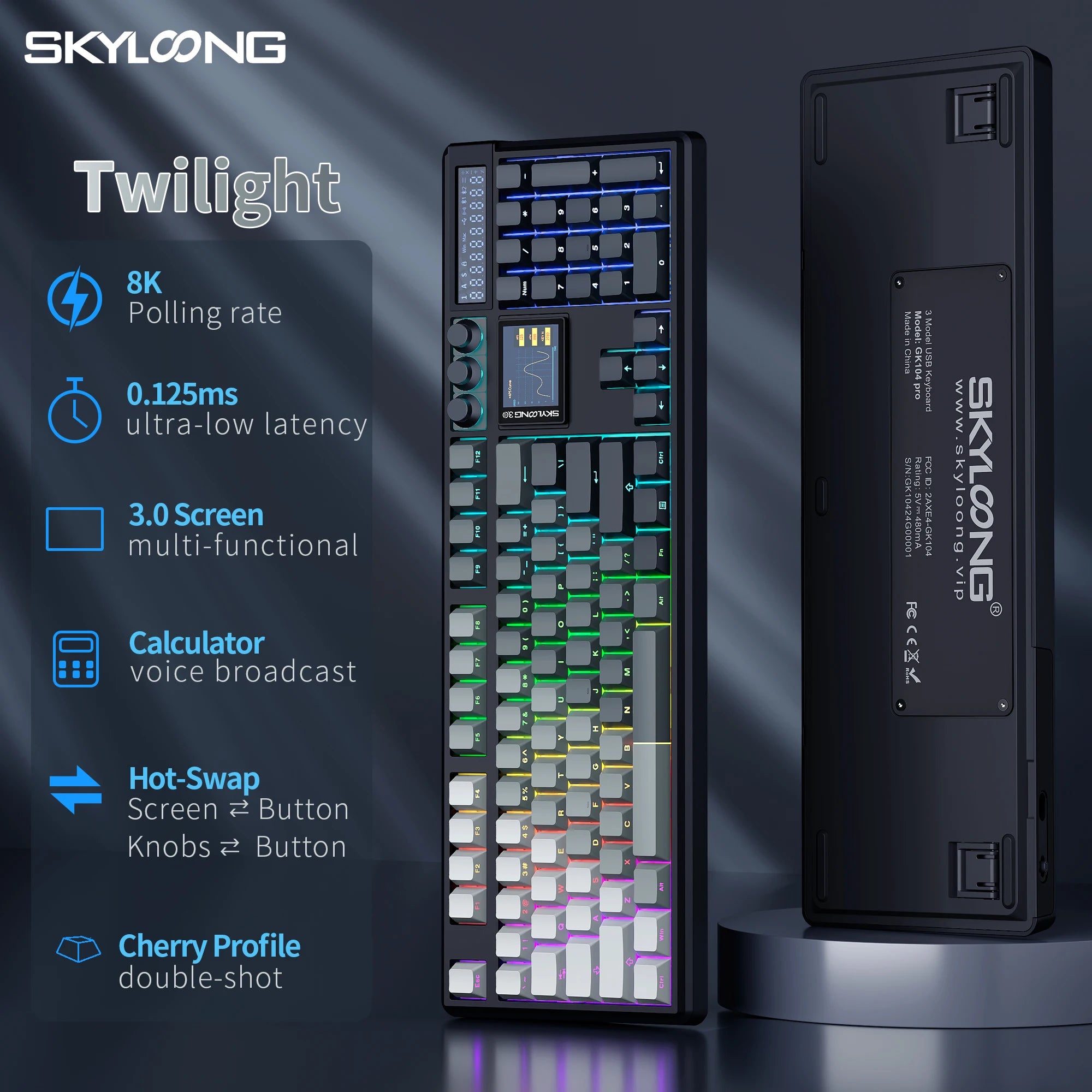 SKYLOONG GK104 Pro Full-Size 3-Mode Wireless Mechanical Keyboard with 3.0 Screen 3 Knobs Hot-Swappable Silent Switch PBT keycaps